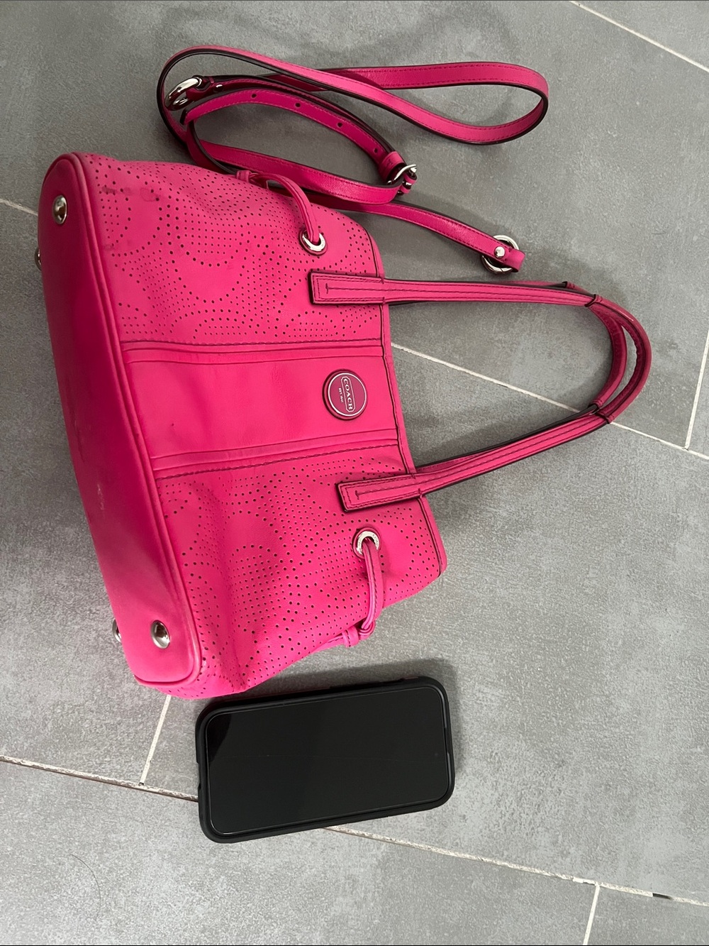 Coach Hot Pink Perforated Leather Shoulder Tote - Picture 5 of 6